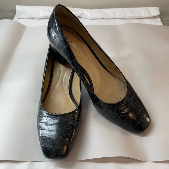 Geox Shoes - Geox Respira Pumps Womens Black Croc Embossed Leather Square Toe Heels Good